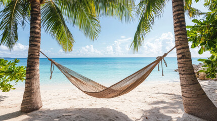 Fototapeta premium Hammock tied between two palm trees on sandy beach with clear blue water