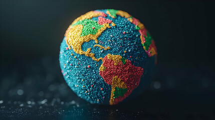 Colorful 3D Model Of Earth Globe On Dark Background
