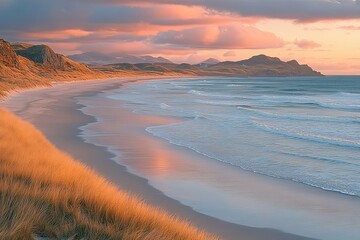 Obraz premium The tranquil beach scene shows a vibrant sunset near the coast