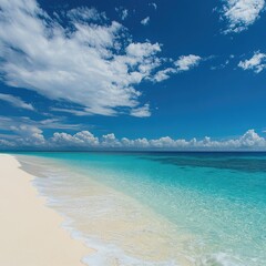 Fototapeta premium Stunning tropical beach scene with pristine white sand and turquoise water under a vibrant blue sky filled with fluffy white clouds a perfect summer paradise getaway destination