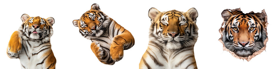 Fototapeta premium Close up portraits of fierce and powerful tigers showcasing their striking orange and black striped fur piercing eyes and formidable claws in their natural environment