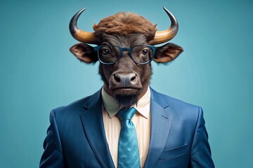 Stylish Buffalo in Suit & Glasses: Corporate Business Portrait - Blue Background