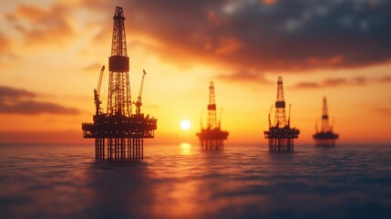 Obraz premium Offshore oil rigs at sunset. Concept of energy, industry, and fossil fuels.