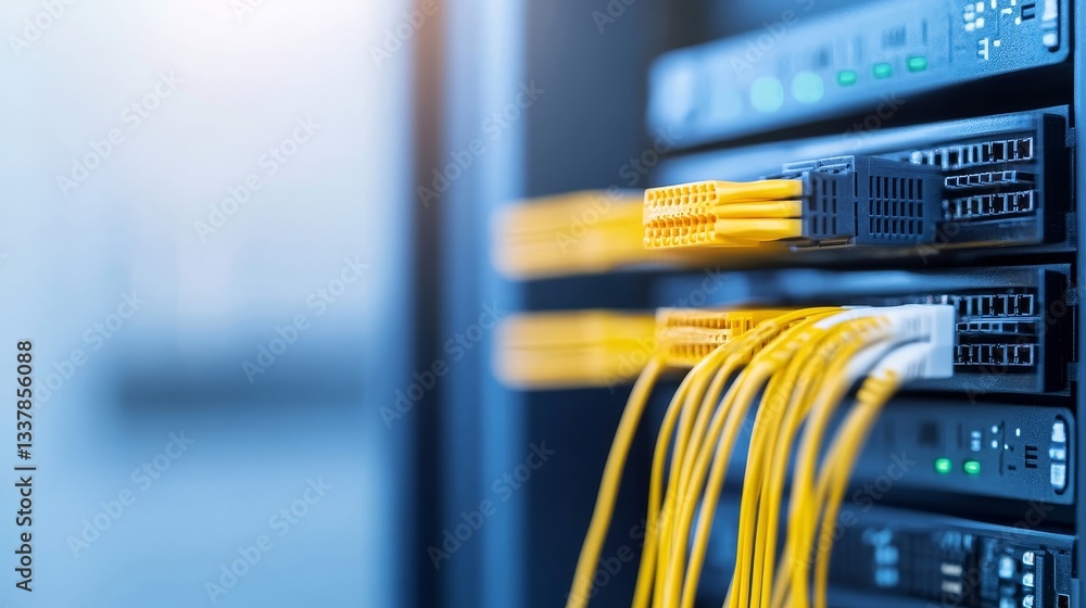 Poster close-up view of server rack with yellow network cables installed