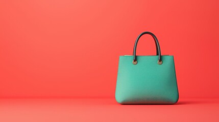 Stylish turquoise handbag on a coral background. Fashion accessory concept.