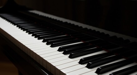 Naklejka premium Grand piano keyboard for classic music recording. Musical keys equipment, white and black keys for classical concert and piano music school performance.