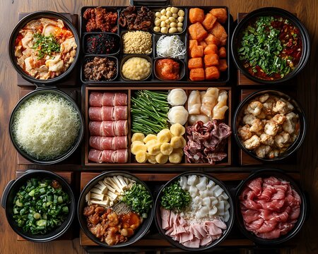 A top-down view of a beautifully arranged hot pot meal, featuring a variety of ingredients on wooden trays, with space for promotional content