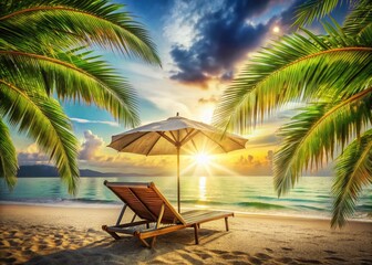 Summer Beach Vacation: Sunbed, Umbrella & Tropical Paradise - Double Exposure Stock Photo
