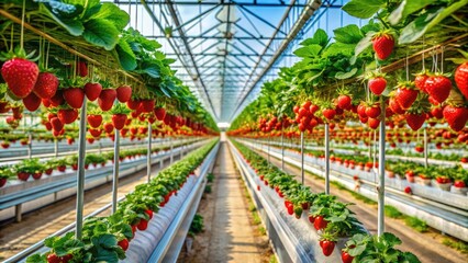 Aerial View Hydroponic Strawberry Farm: Greenhouse Strawberry Cultivation, Industrial Strawberry Production