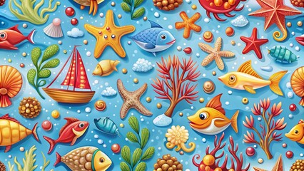 Naklejka premium Summer Seascape Pattern: Squid, Fish, Sailboat, Starfish & Coral Illustration