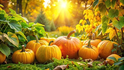 Autumn Harvest: Bright Yellow Pumpkins in Lush Green Fall Garden - Fall Photography, Pumpkin Patch, Autumn Leaves