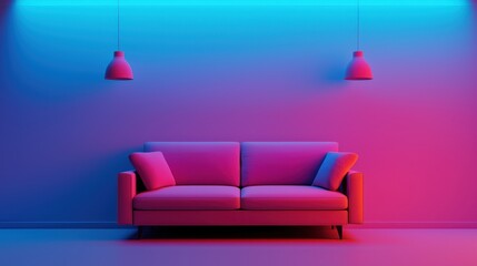 Modern interior with pink sofa and lamps in neon blue and pink lighting. Concept of contemporary design and vibrant color schemes.