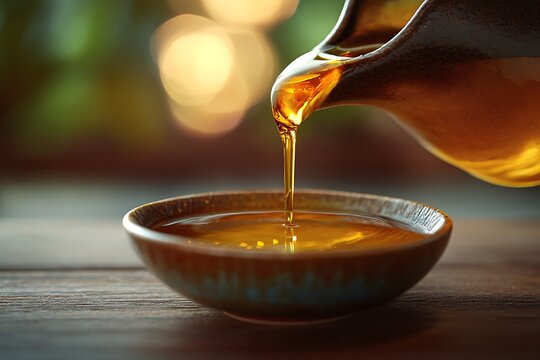 A close-up of sesame oil being poured into a small ceramic bowl, with a blurred background and room for advertising text