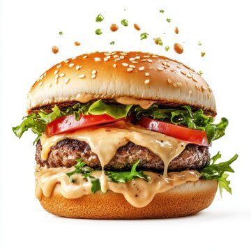 Hamburger splashing, mayonnaise, isolate on white background. cutout png.