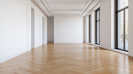 Fototapeta premium Empty room with wood floor and large windows. Concept of real estate, interior design, and architecture.