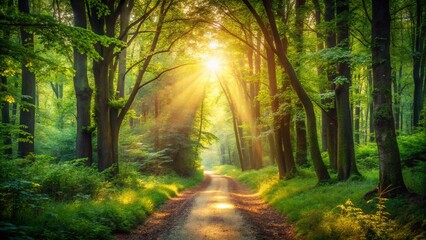Fototapeta premium Sunlit Forest Path: Long Exposure Photography - Magical Woodland Scene