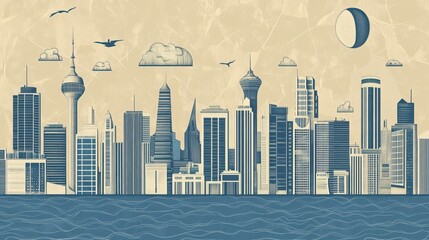 Fototapeta premium Stylized Cityscape at Dusk Urban Skyline Illustration