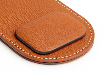 Close up of saddle leather wireless charging station, exudes modern feel