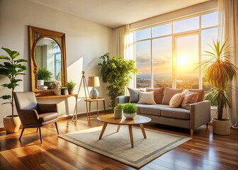 Sunlit Living Room Silhouette: Modern Furniture, Plants & Mirror Reflection