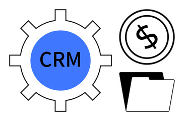Cogwheel labeled CRM, a dollar sign coin, and a folder signify customer relationship management, revenue tracking, and data organization. Ideal for business, finance, data, teamwork planning