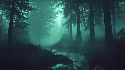 Obraz premium Misty forest stream flows through dark, tall trees.