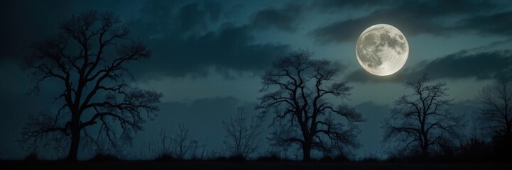 Fototapeta premium Enigmatic moonlit landscape with silhouetted trees against a dramatic night sky