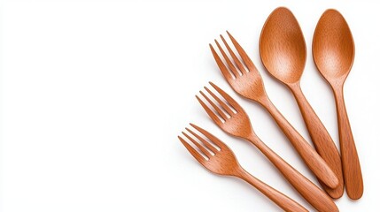 A collection of wooden utensils, including forks and spoons, arranged neatly on a white background.