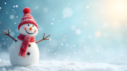 Fototapeta premium Adorable Snowman with Winter Hat and Scarf in Snowy Background
