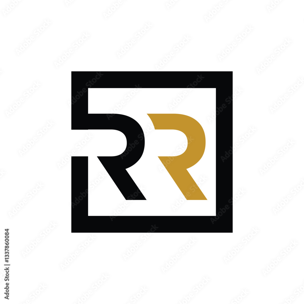 Poster the image shows a flat monogram logo design of an initial rr inside a square frame in blue and gold 
