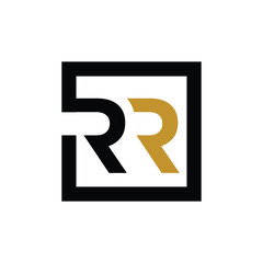 The image shows a flat monogram logo design of an initial RR inside a square frame in blue and gold color. The logo looks clean on a white background.