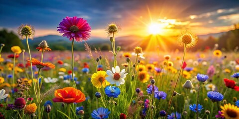 Sunny Meadow Wildflowers: Vibrant Spring Blooms in a Lush Field