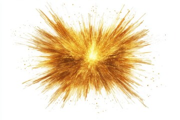 A golden explosion of light radiating outwards on a white background with small particles scattered