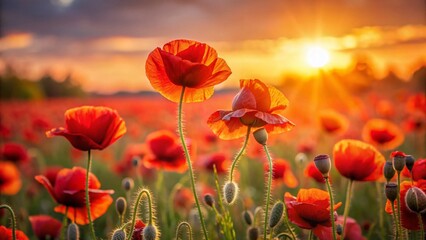 Fototapeta premium Sunset Poppy Field: Vibrant Red Flowers at Golden Hour