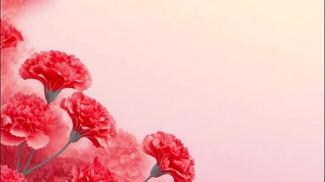 Animation of falling petals and swaying carnation flowers on pink background. Mother's Day, Wedding, Valentine's Day Concept.