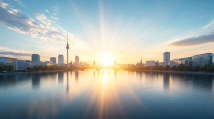 Naklejka premium Scenic Sunrise Over City Skyline and River Reflection in Berlin