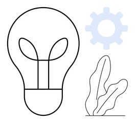 Lightbulb with leaf element, gear, and plant illustration representing sustainability, innovation, technology, renewable energy, environmental awareness, creativity and growth. Ideal