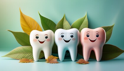 Obraz premium cute cartoon teeth with smiling faces and leaves in pastel colors