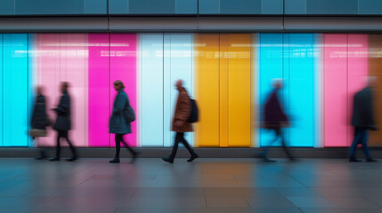 Obraz premium Silhouettes of pedestrians pass colorful illuminated windows, creating a lively urban atmosphere