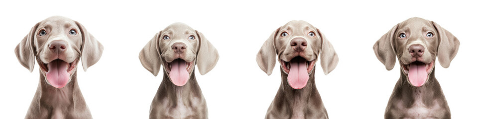 Four friendly and cheerful weimaraner dogs posing for individual portraits against a plain white background