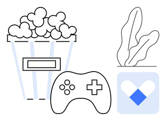 Popcorn bucket, gaming controller, abstract app screen, and leaf plant evoke leisure, fun, and tech. Ideal for gaming, recreation digital lifestyle media relaxation hobbies and technology. Flat