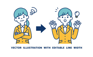 悩みを解消する方法を思いついた、若い女性会社員のベクターイラスト素材＿線幅の編集可能