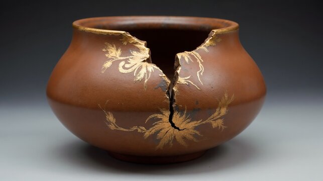 Artistic restoration of a cracked clay pot showcasing traditional craftsmanship and intricate designs from historical pottery techniques