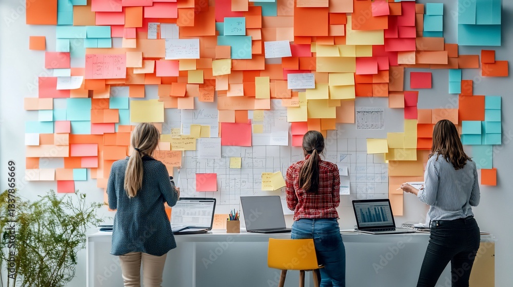 Poster three people standing in front of a wall with many colorful sticky notes in an office