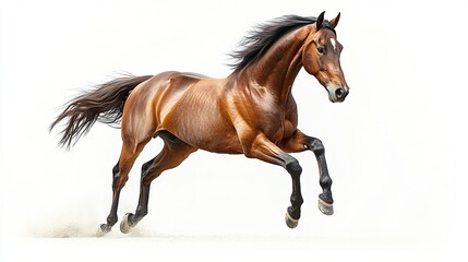 Obraz premium A majestic bay horse captured in full motion, mane and tail flowing, dynamically posed against a clean white background 