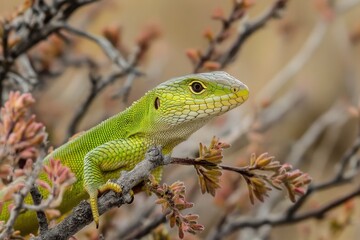 Fototapeta premium A vibrant green lizard perched on a branch amidst delicate pink buds in a natural setting outdoors