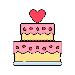 Wedding Cake Flat design style, a two-tier pink and yellow cake with a heart topper, representing wedding celebrations, perfect for bakery branding, invitations, and party graphics.