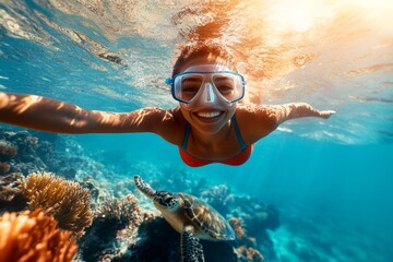 Fototapeta premium Bright commercial style image. A pretty and sexy happy young woman with red hair in a swimming mask and fins snorkeling among the corals. A dense school of silver fish swims next to her.