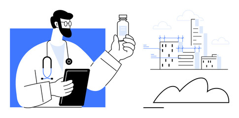 Doctor holding a vial and tablet, symbolizing medical research, innovation, and public health integration with city growth. Ideal for healthcare, innovation, technology, sustainability, urban