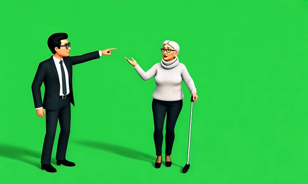 Businessman points at elderly woman