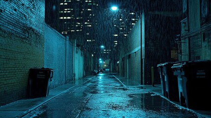 Rainy Urban Alleyway at Night with Blue Lighting and Reflections